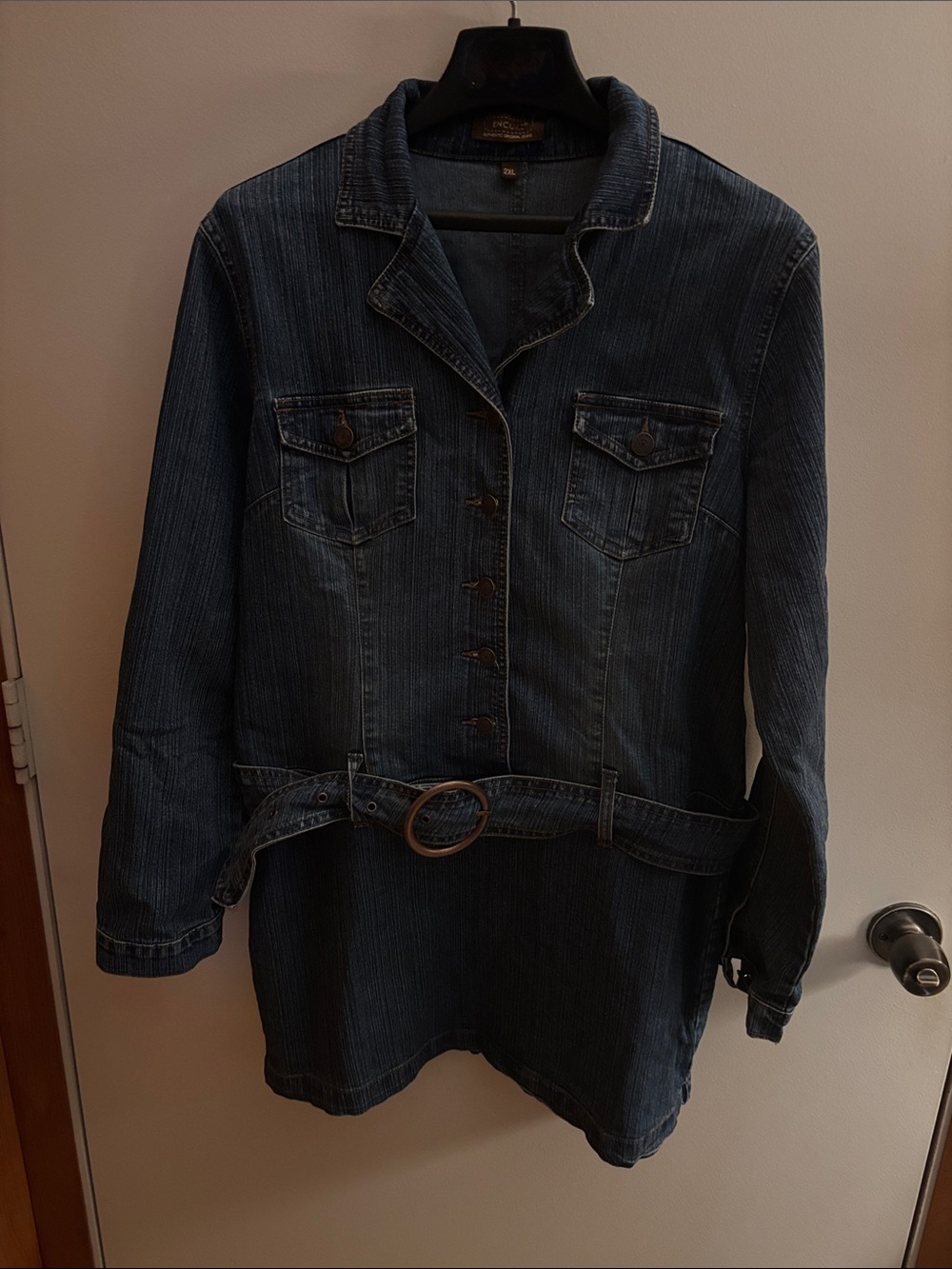 Encore Jeans Denim Button-Front Jacket Dress with Belt - Dark Blue